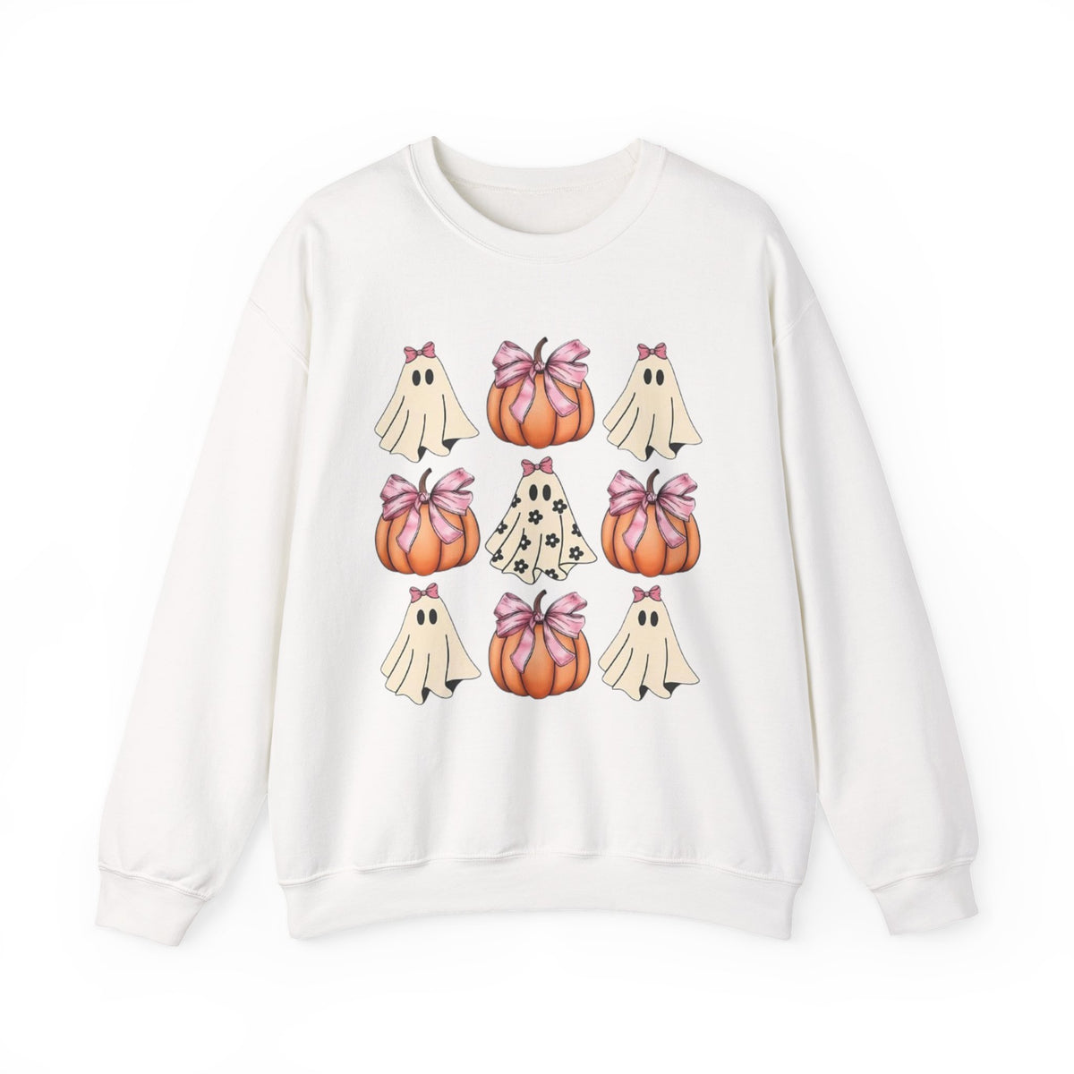 Halloween Ghost & Pumpkin Crewneck Sweatshirt | Pink Bows & Polka Dot Pumpkin Design
