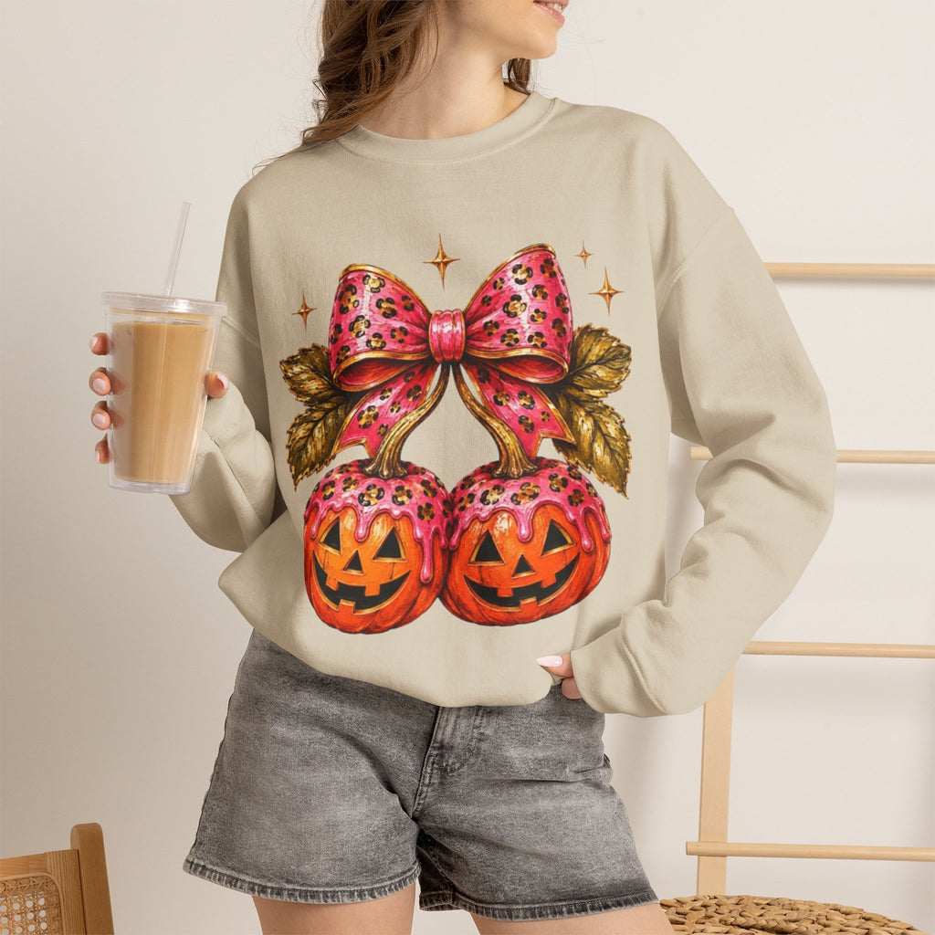 Halloween Pumpkin Ornament Crewneck Sweatshirt | Pink Bow Jack-o'-Lanterns