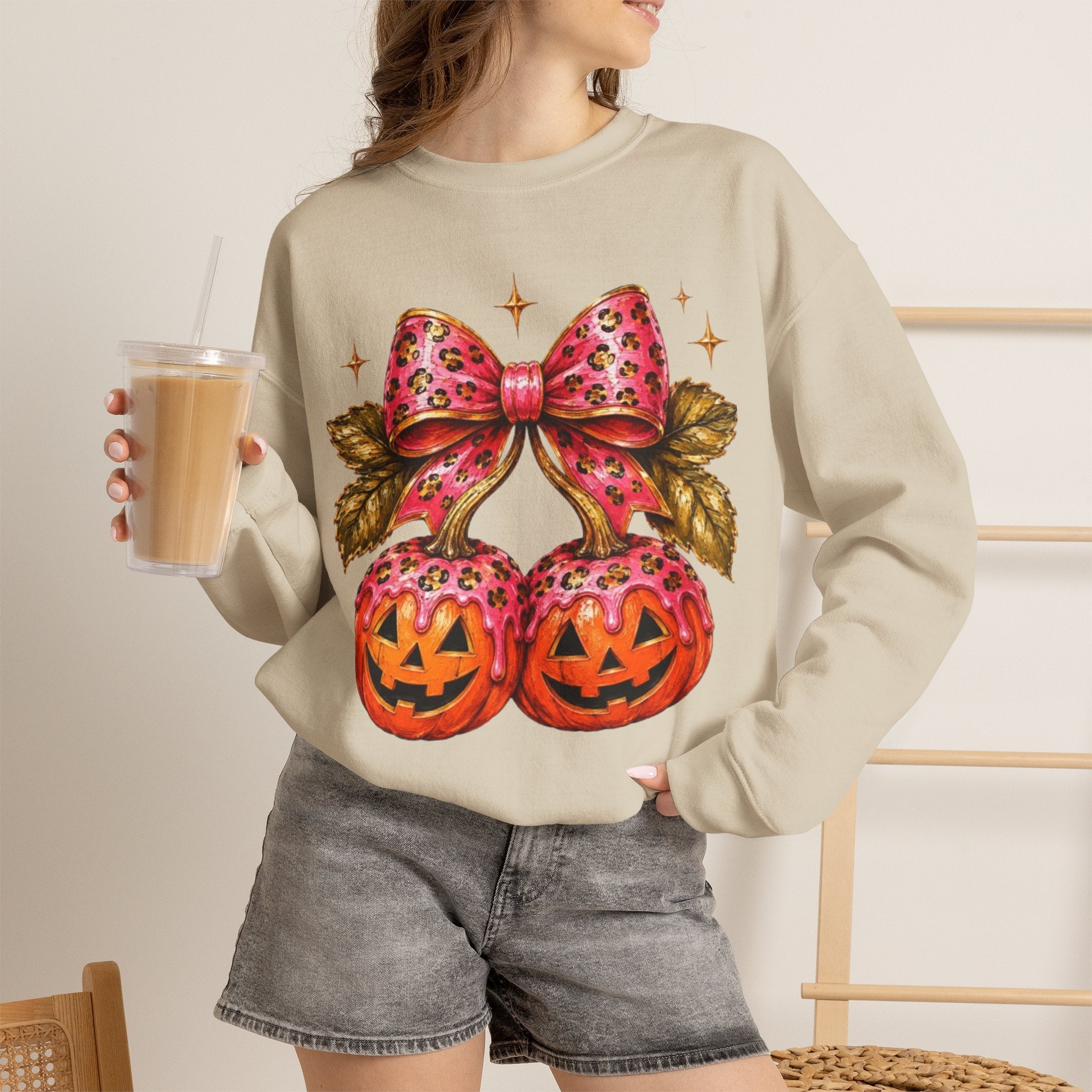 Halloween Pumpkin Ornament Crewneck Sweatshirt | Pink Bow Jack-o'-Lanterns