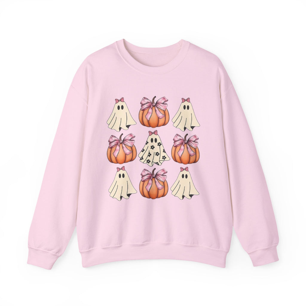 Halloween Ghost & Pumpkin Crewneck Sweatshirt | Pink Bows & Polka Dot Pumpkin Design