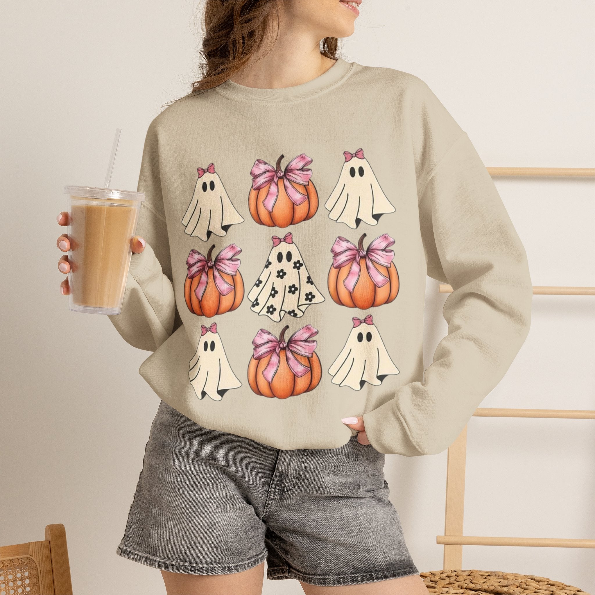 Halloween Ghost & Pumpkin Crewneck Sweatshirt | Pink Bows & Polka Dot Pumpkin Design