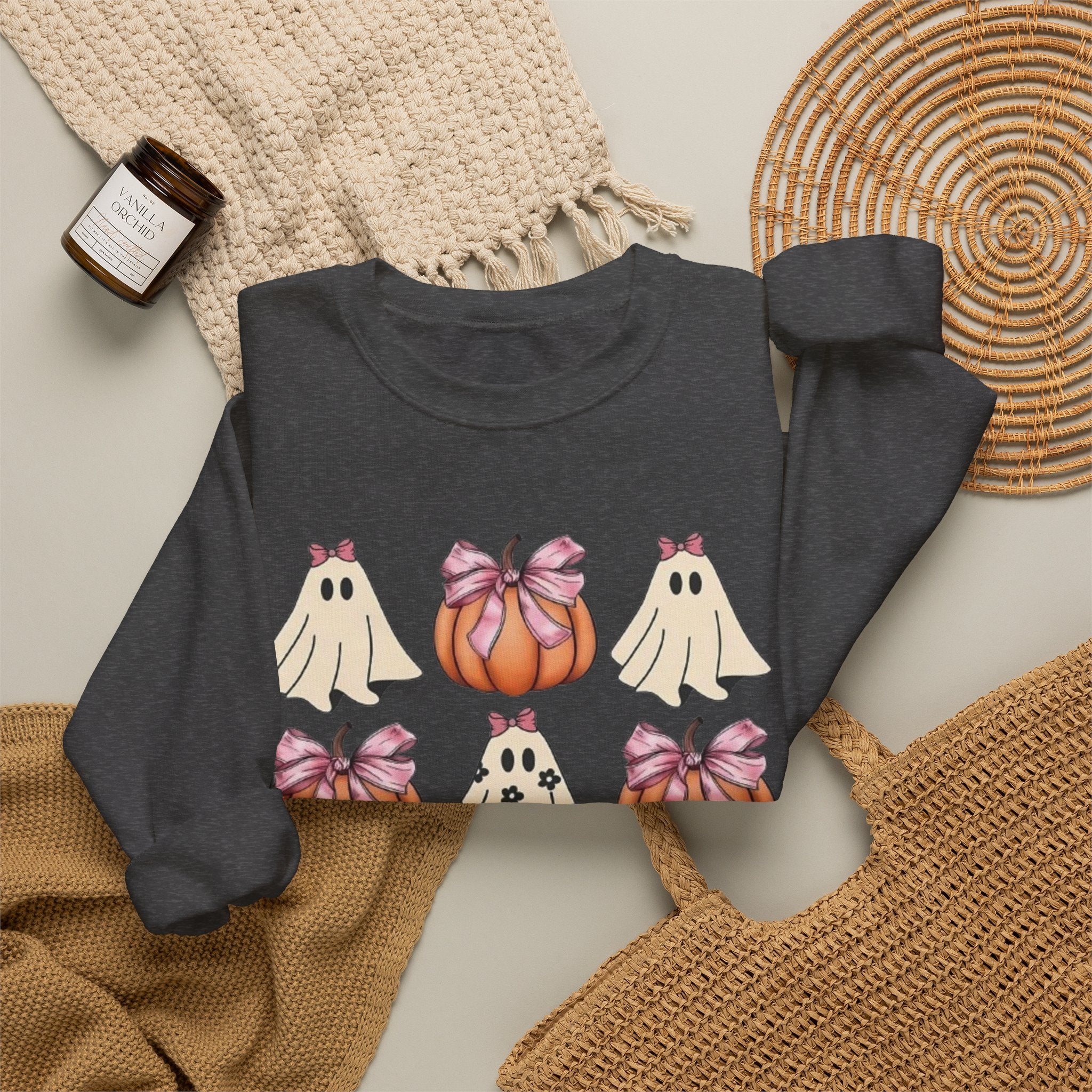 Halloween Ghost & Pumpkin Crewneck Sweatshirt | Pink Bows & Polka Dot Pumpkin Design