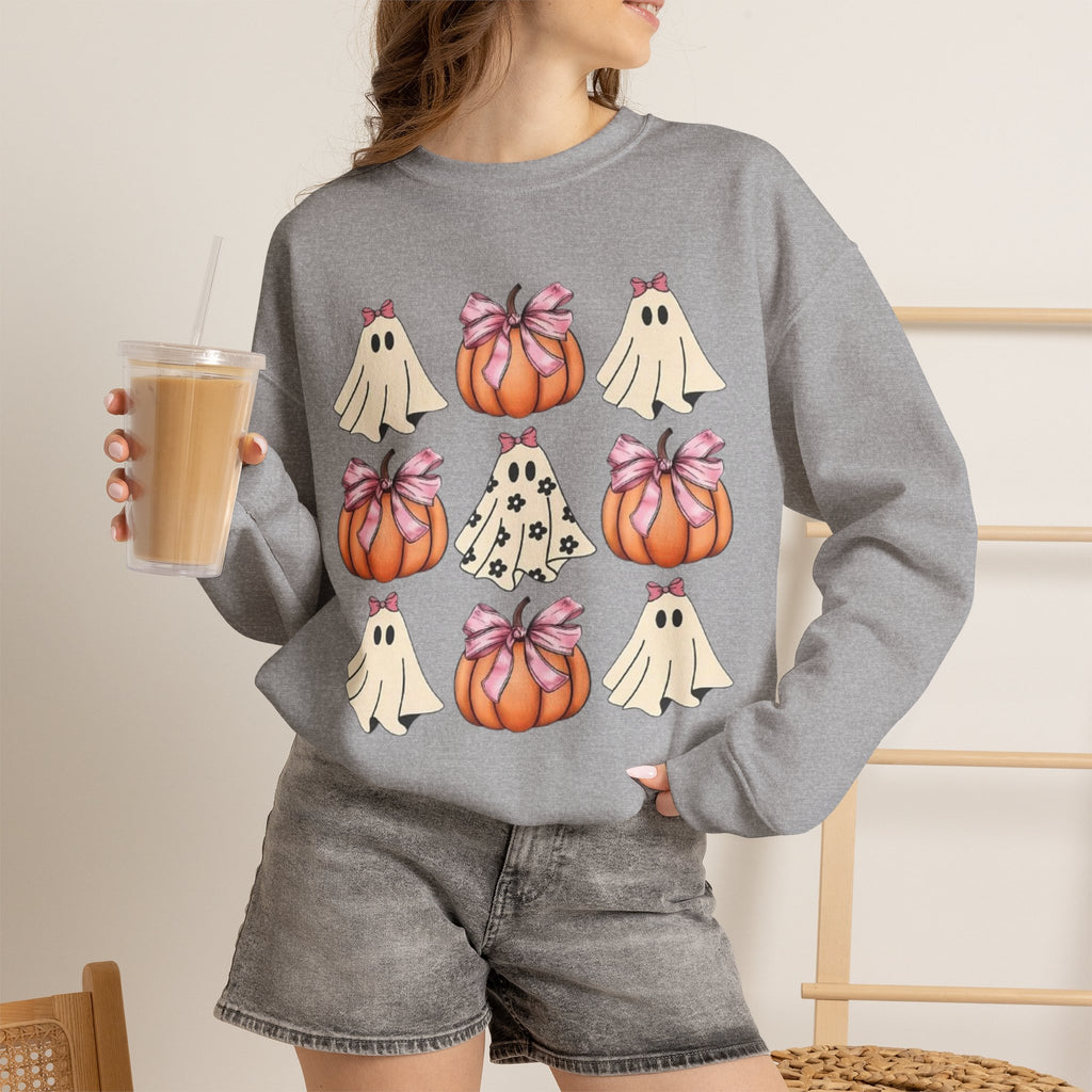Halloween Ghost & Pumpkin Crewneck Sweatshirt | Pink Bows & Polka Dot Pumpkin Design