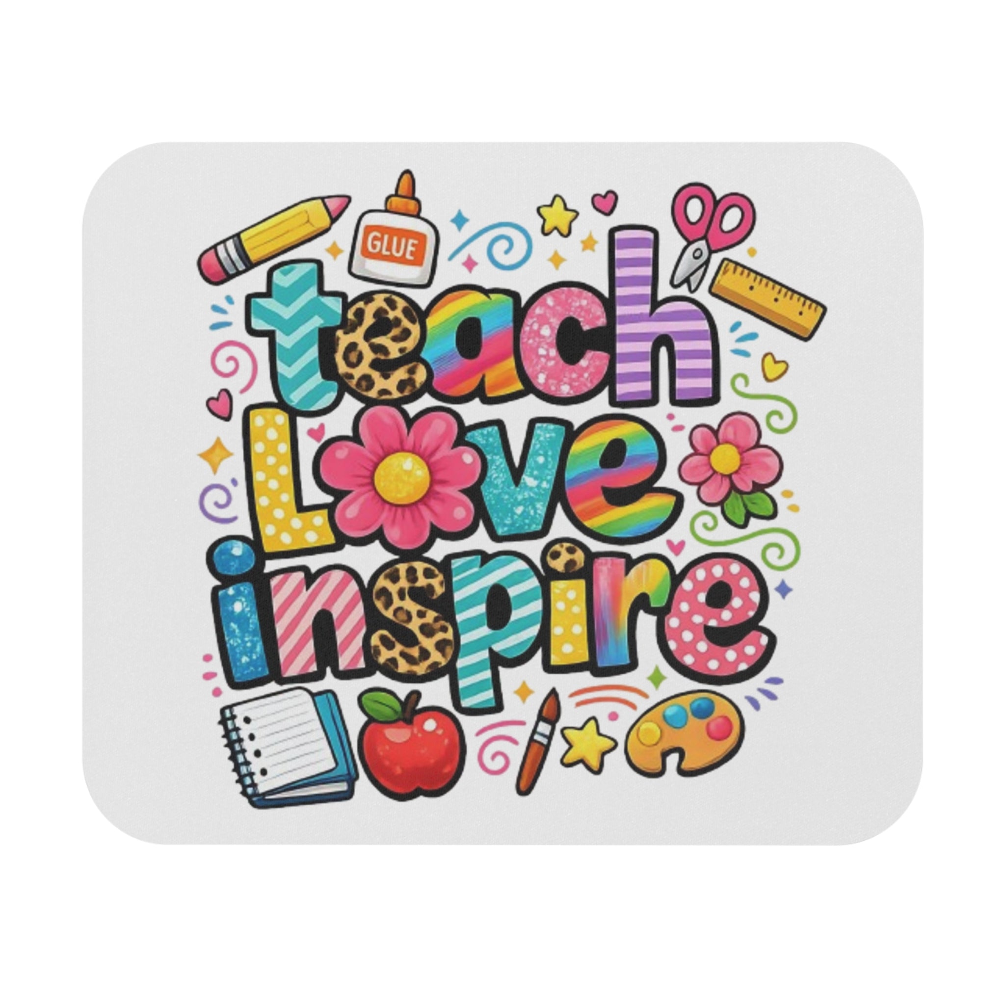 Teach Love Inspire Mouse Pad | Colorful Teacher Desk Mat with School Icons