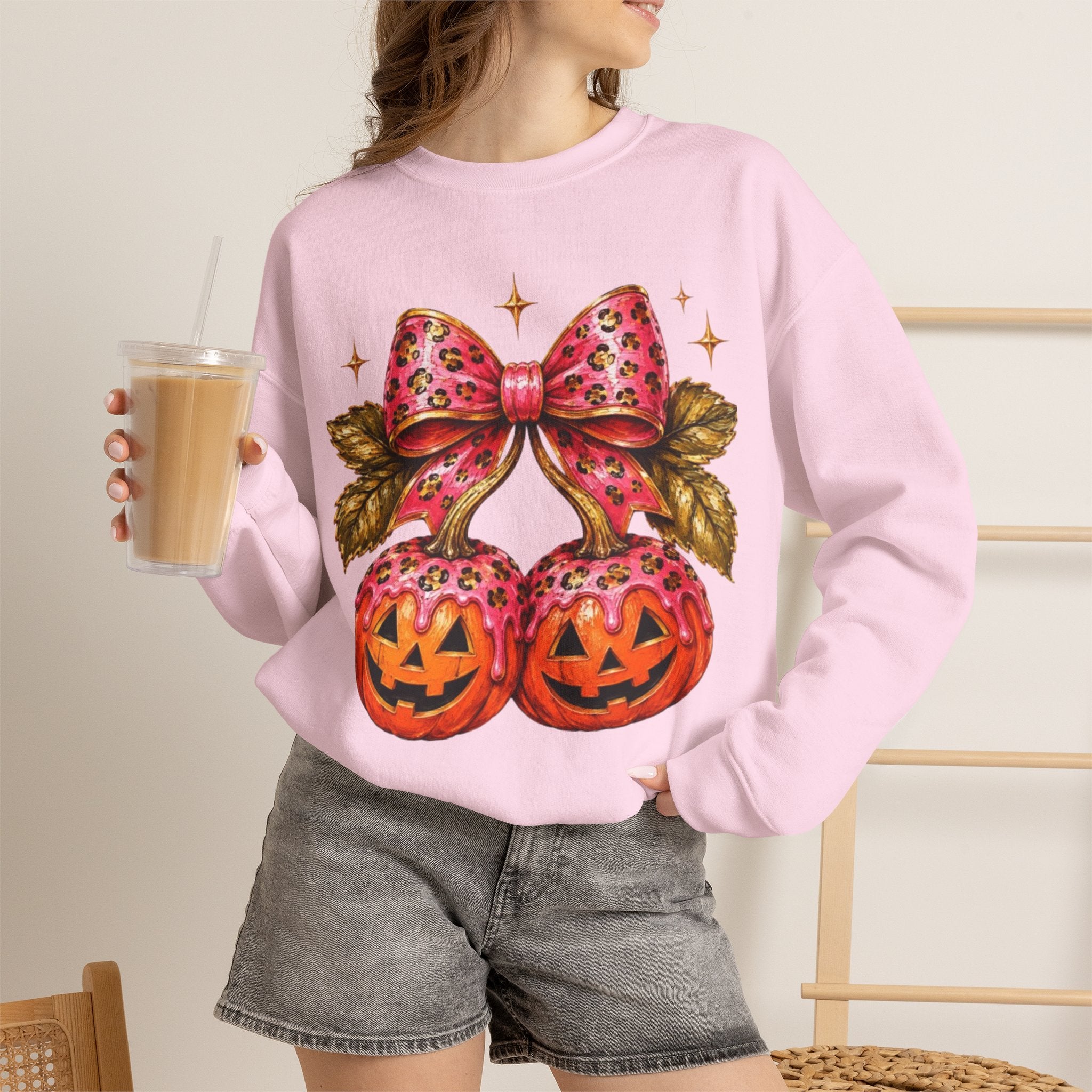 Halloween Pumpkin Ornament Crewneck Sweatshirt | Pink Bow Jack-o'-Lanterns