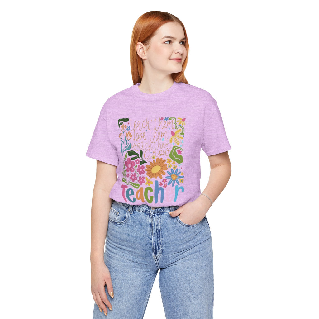 Teacher Floral Graphic Tee | "Teacher" Colorful Flowers Back-to-School T-Shirt