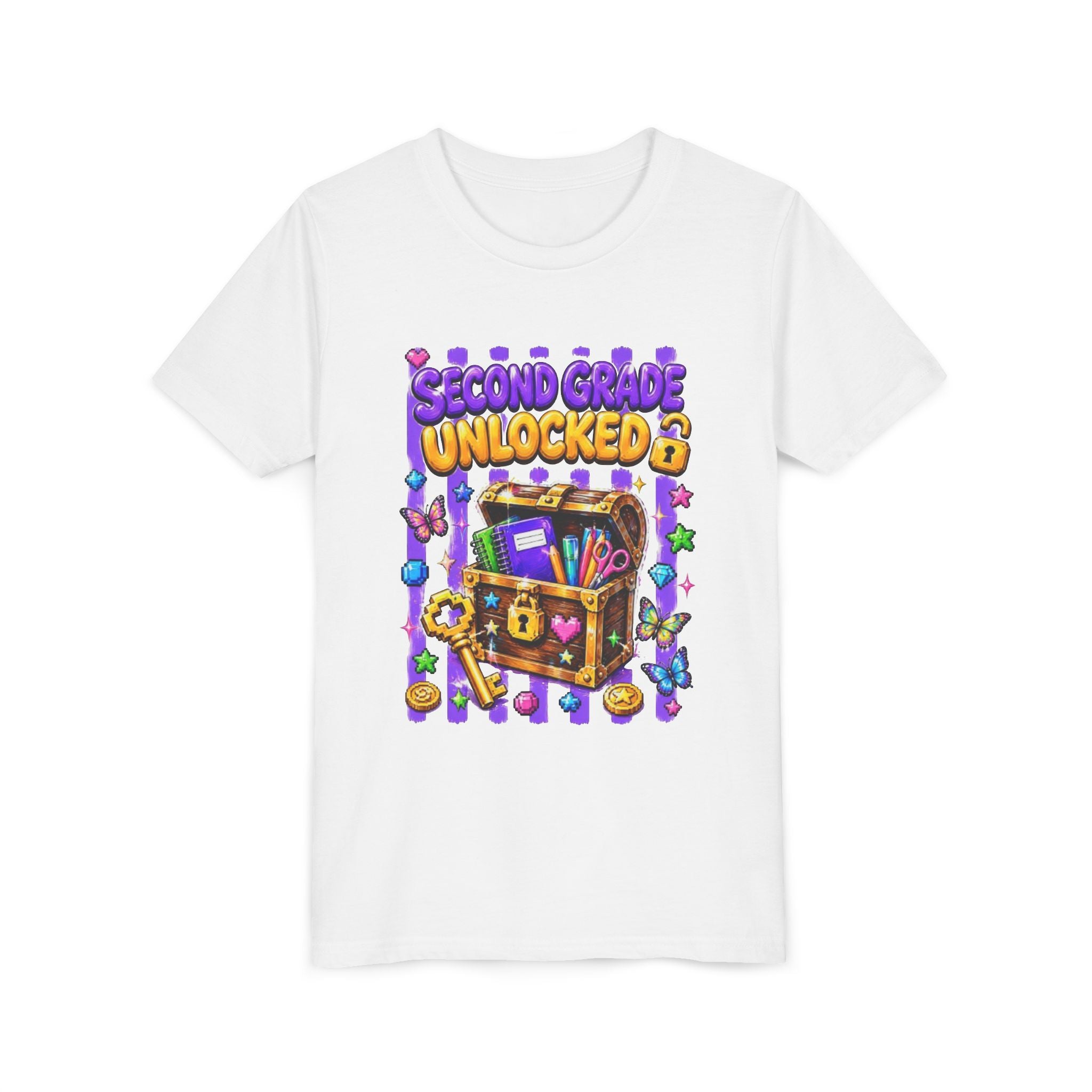 Second Grade Unlocked Youth Tee | Back to School Treasure Chest Shirt