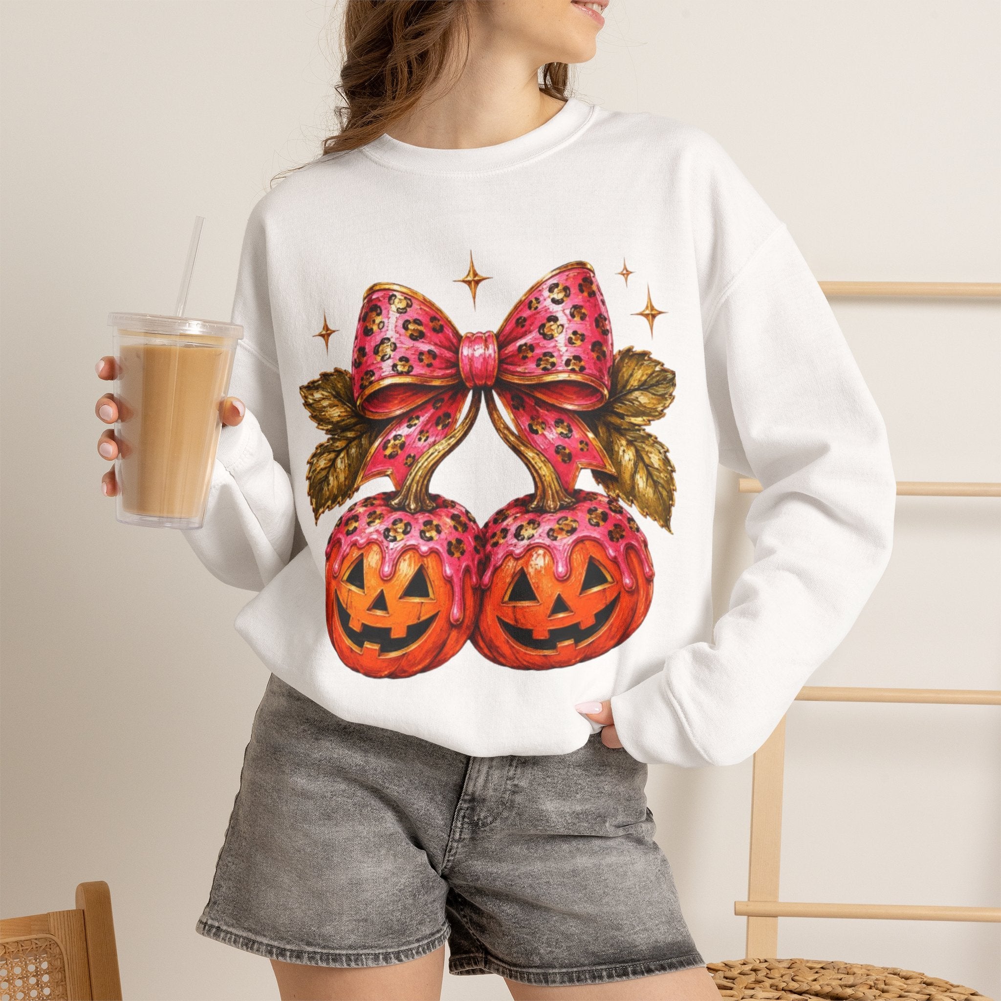 Halloween Pumpkin Ornament Crewneck Sweatshirt | Pink Bow Jack-o'-Lanterns