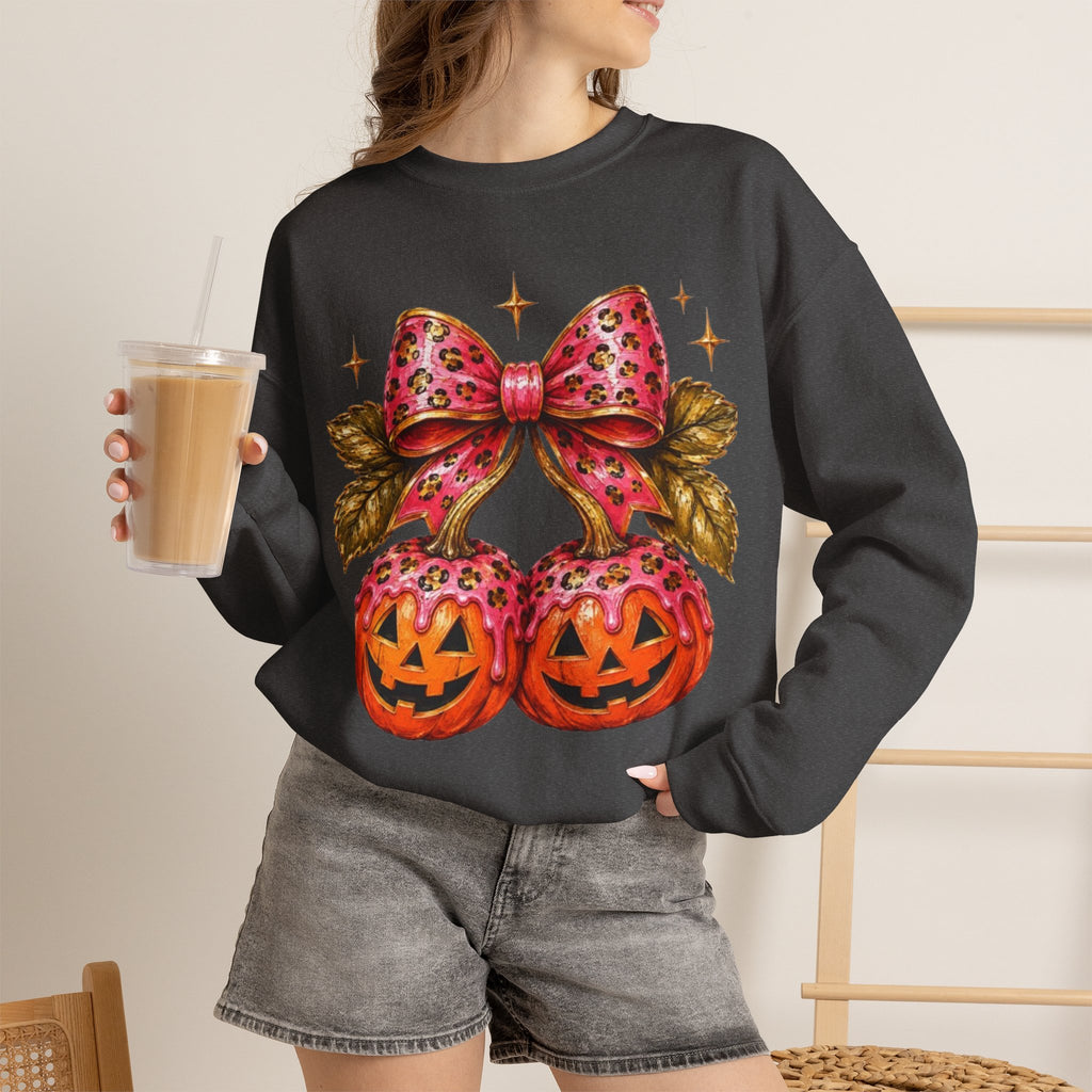 Halloween Pumpkin Ornament Crewneck Sweatshirt | Pink Bow Jack-o'-Lanterns