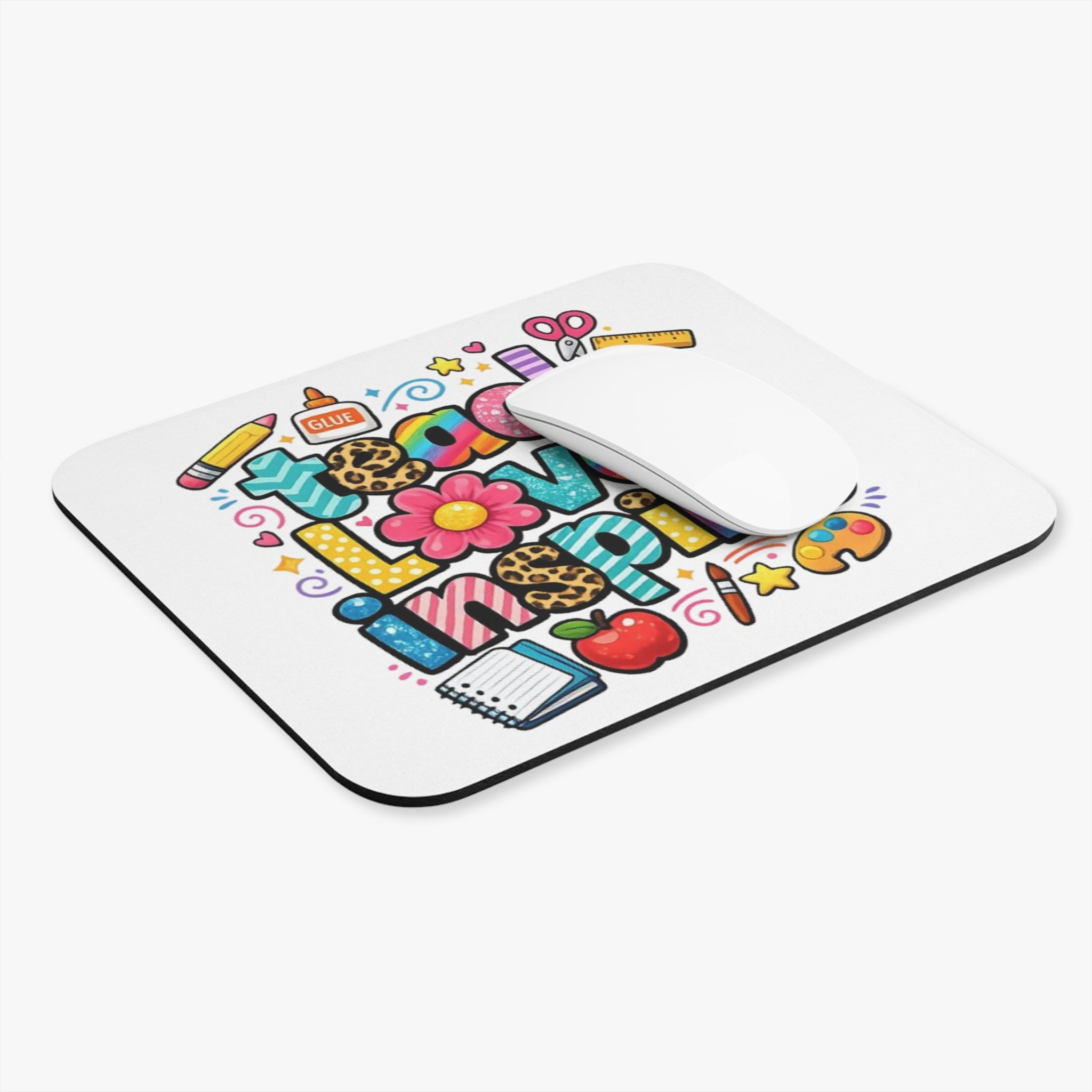 Teach Love Inspire Mouse Pad | Colorful Teacher Desk Mat with School Icons