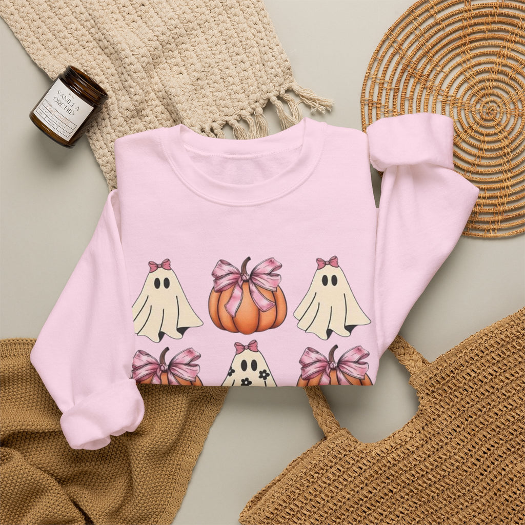 Halloween Ghost & Pumpkin Crewneck Sweatshirt | Pink Bows & Polka Dot Pumpkin Design