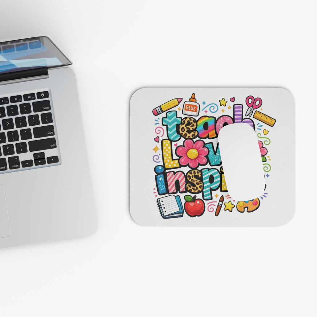 Teach Love Inspire Mouse Pad | Colorful Teacher Desk Mat with School Icons