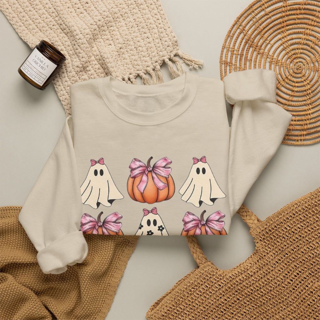 Halloween Ghost & Pumpkin Crewneck Sweatshirt | Pink Bows & Polka Dot Pumpkin Design