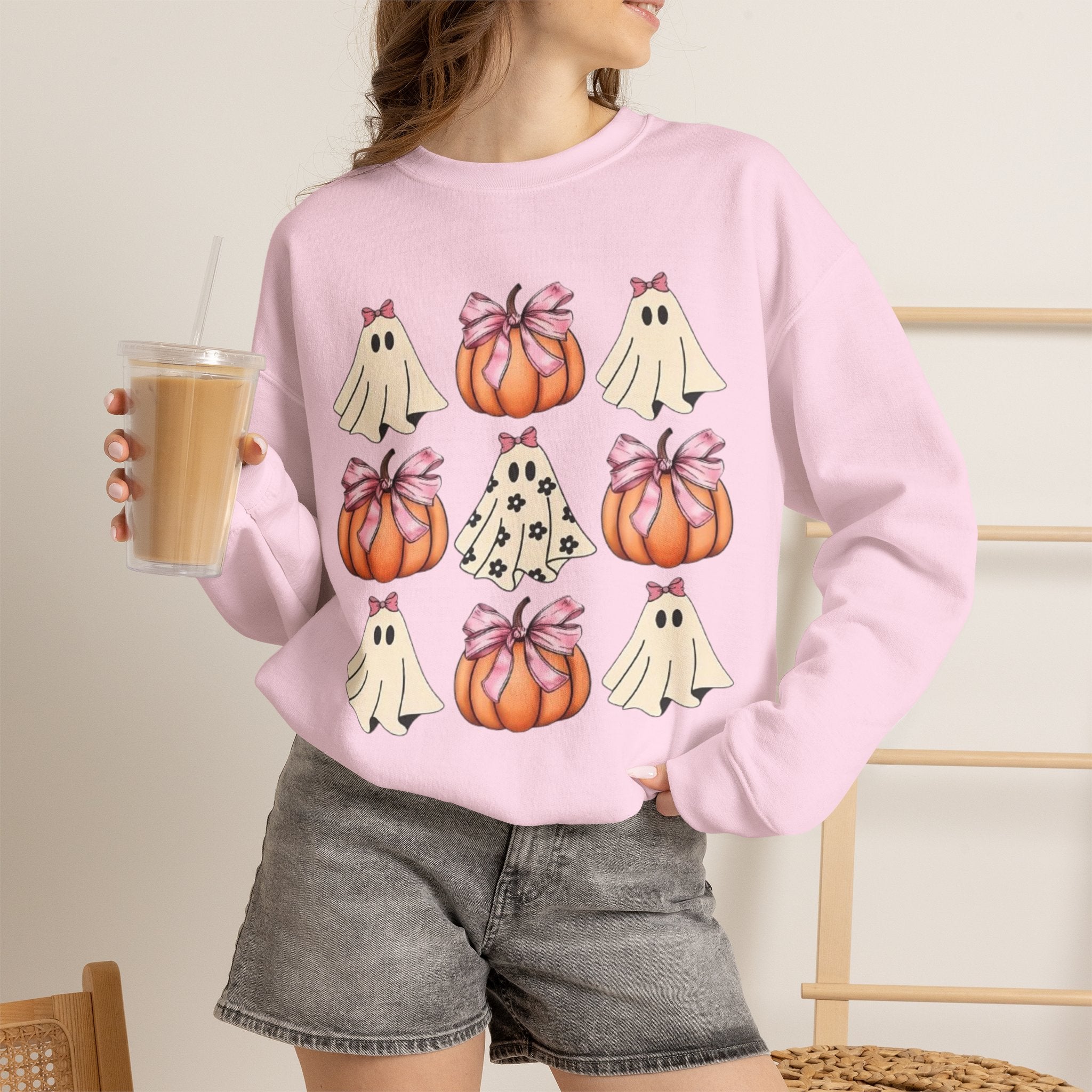 Halloween Ghost & Pumpkin Crewneck Sweatshirt | Pink Bows & Polka Dot Pumpkin Design