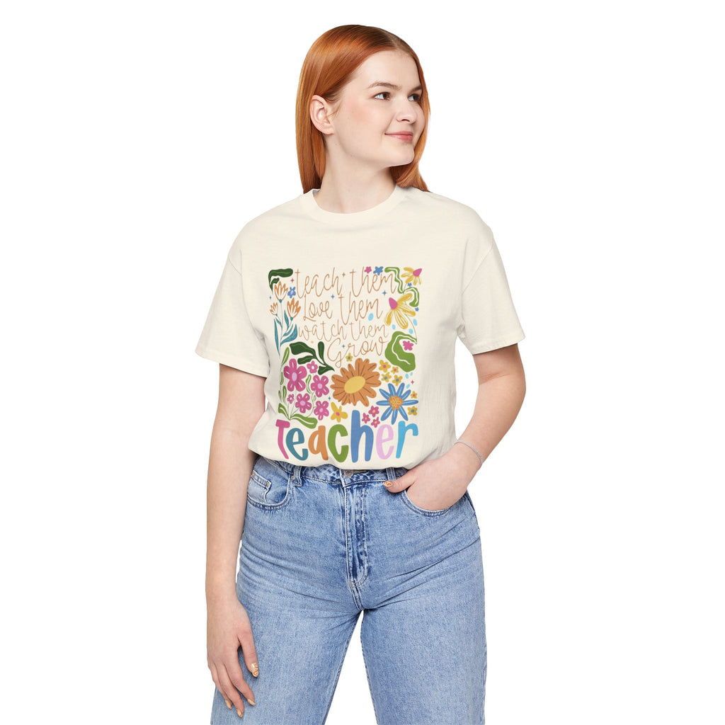 Teacher Floral Graphic Tee | "Teacher" Colorful Flowers Back-to-School T-Shirt