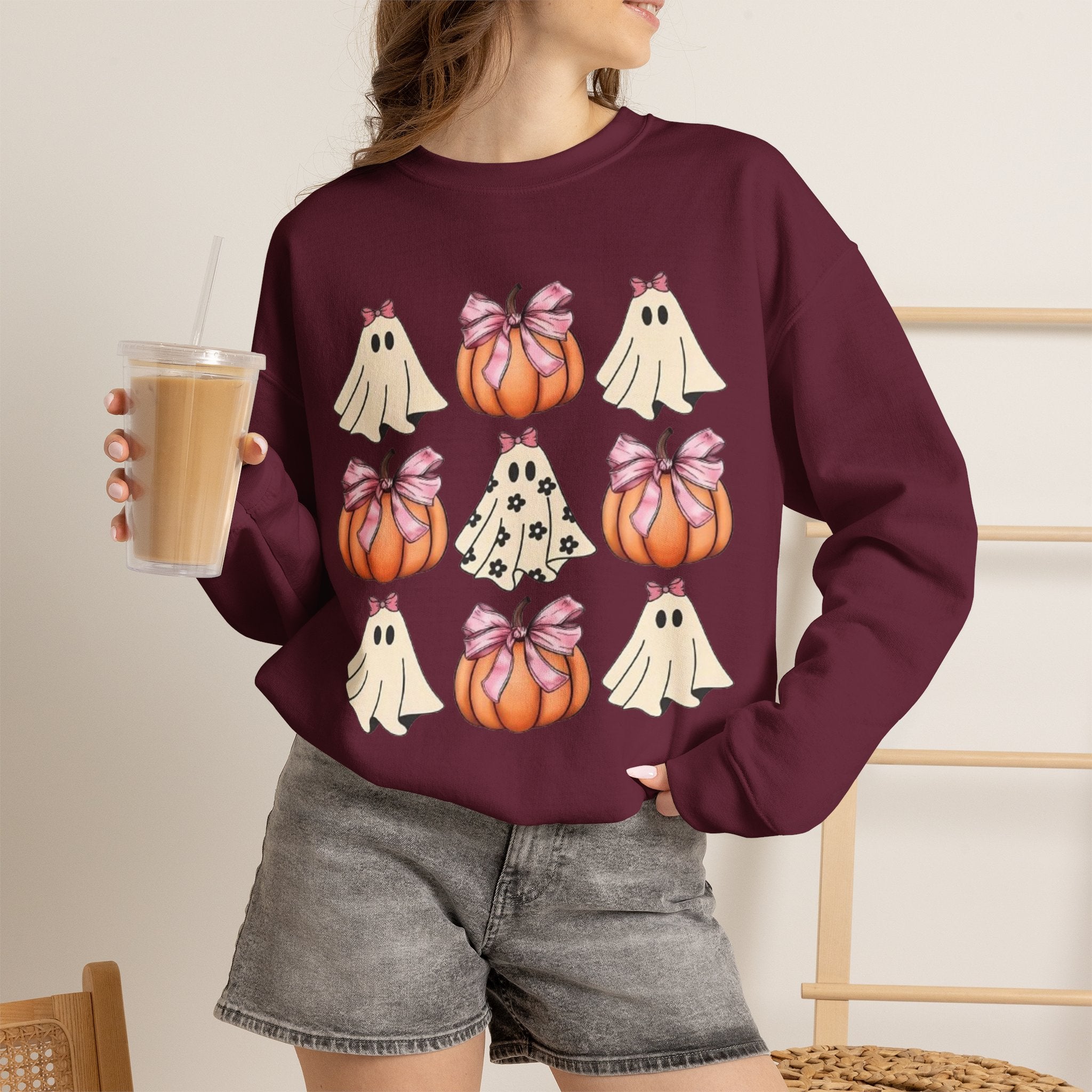 Halloween Ghost & Pumpkin Crewneck Sweatshirt | Pink Bows & Polka Dot Pumpkin Design