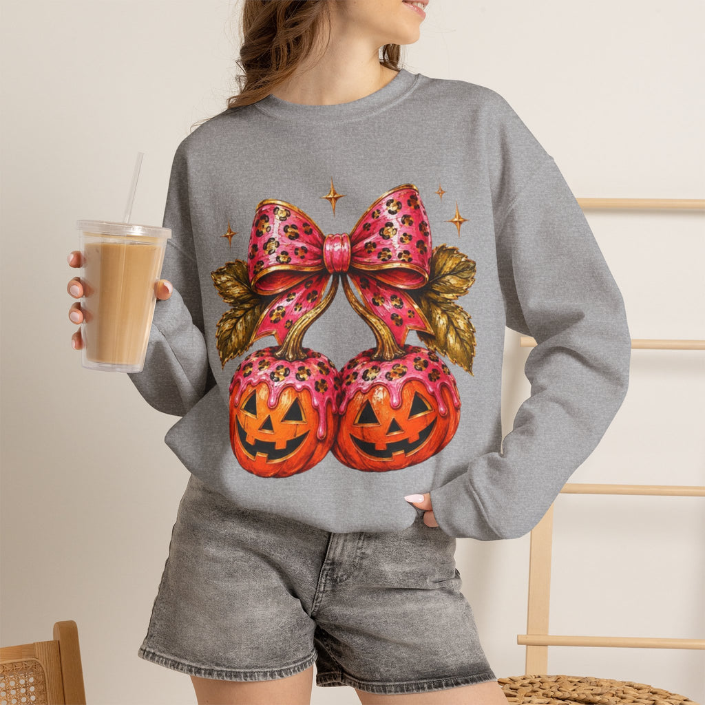 Halloween Pumpkin Ornament Crewneck Sweatshirt | Pink Bow Jack-o'-Lanterns
