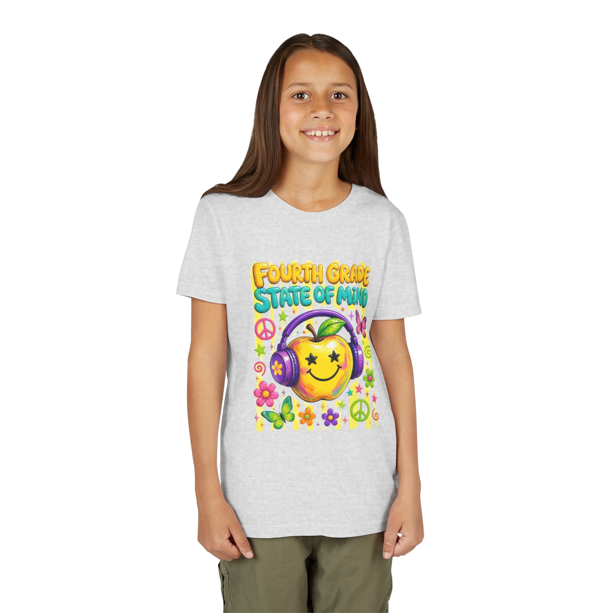 Fourth Grade State of Mind Youth Tee | Cute Smiley Headphones Back-to-School Shirt