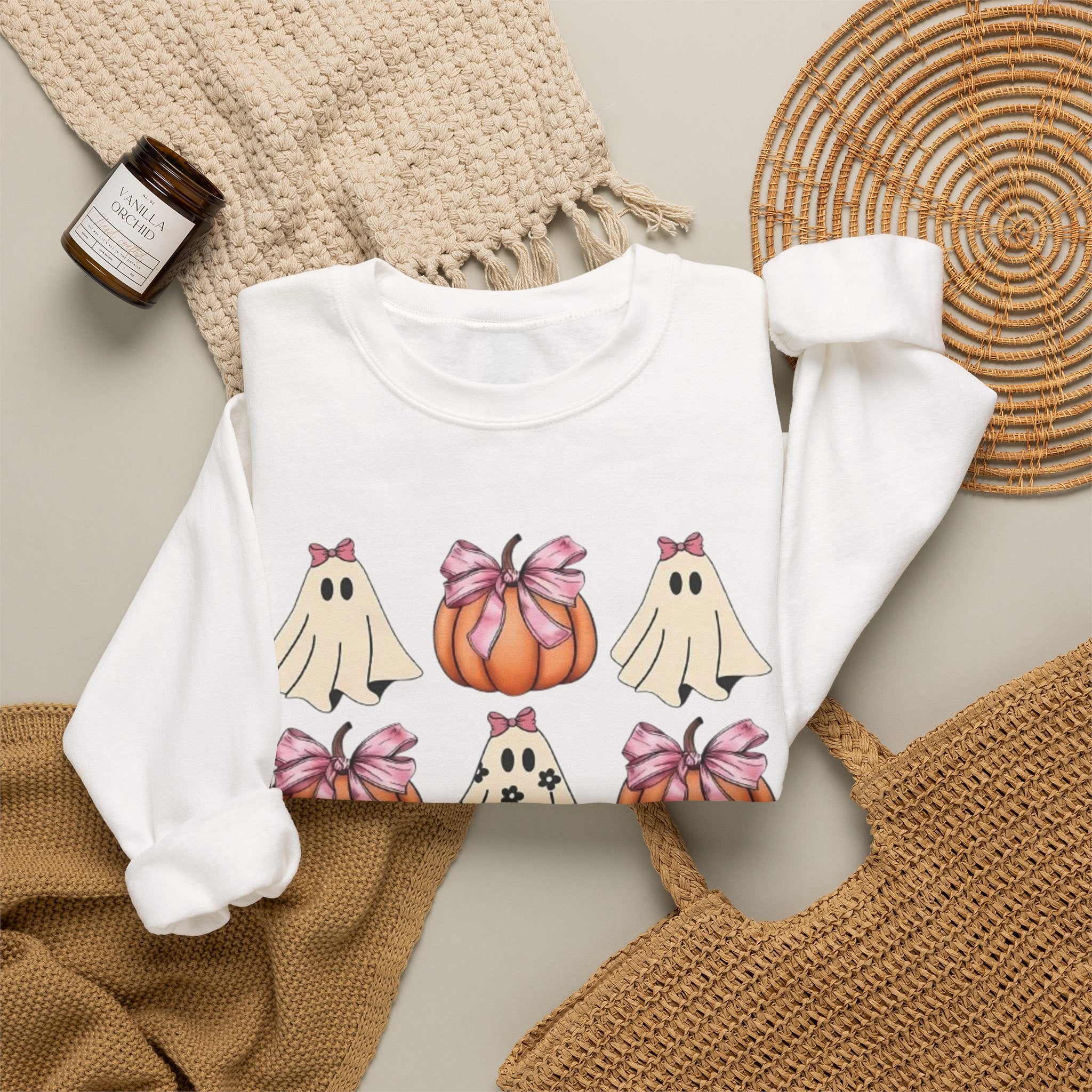 Halloween Ghost & Pumpkin Crewneck Sweatshirt | Pink Bows & Polka Dot Pumpkin Design