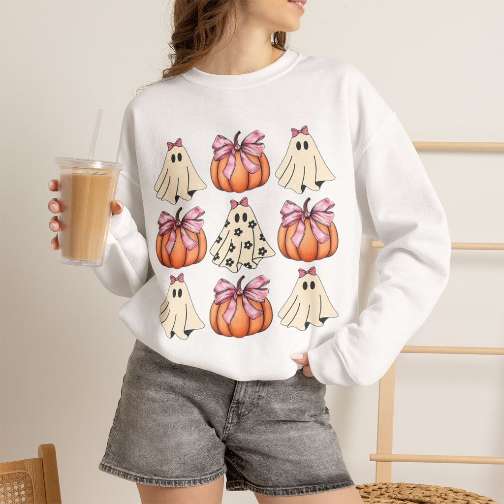 Halloween Ghost & Pumpkin Crewneck Sweatshirt | Pink Bows & Polka Dot Pumpkin Design