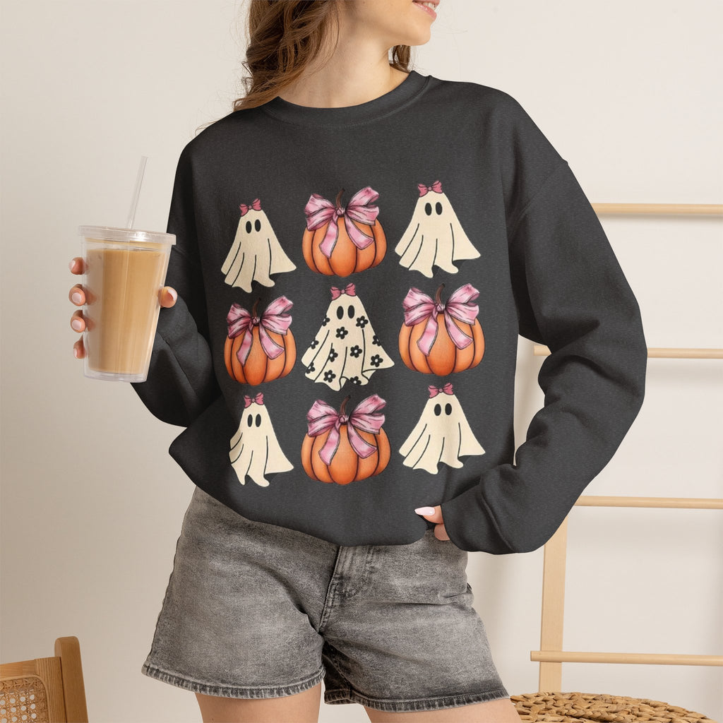 Halloween Ghost & Pumpkin Crewneck Sweatshirt | Pink Bows & Polka Dot Pumpkin Design