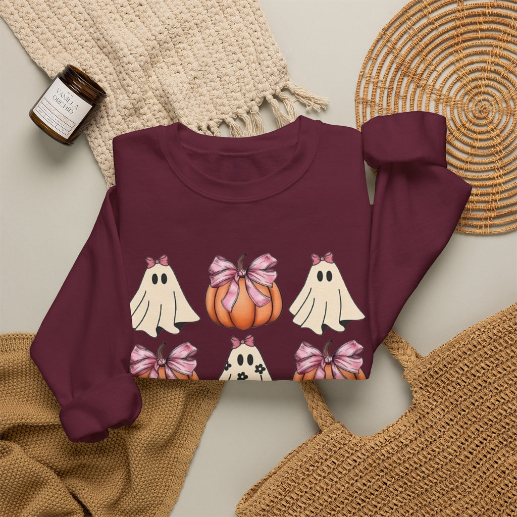 Halloween Ghost & Pumpkin Crewneck Sweatshirt | Pink Bows & Polka Dot Pumpkin Design