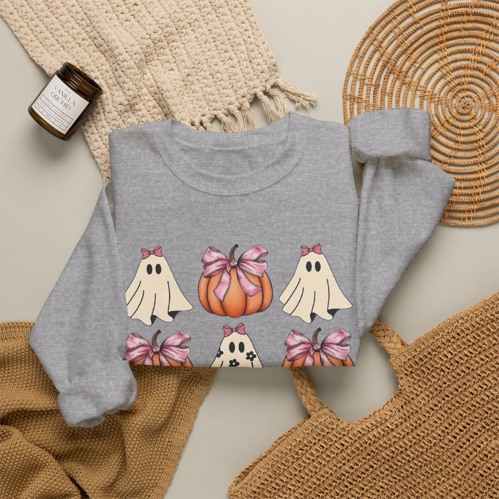 Halloween Ghost & Pumpkin Crewneck Sweatshirt | Pink Bows & Polka Dot Pumpkin Design